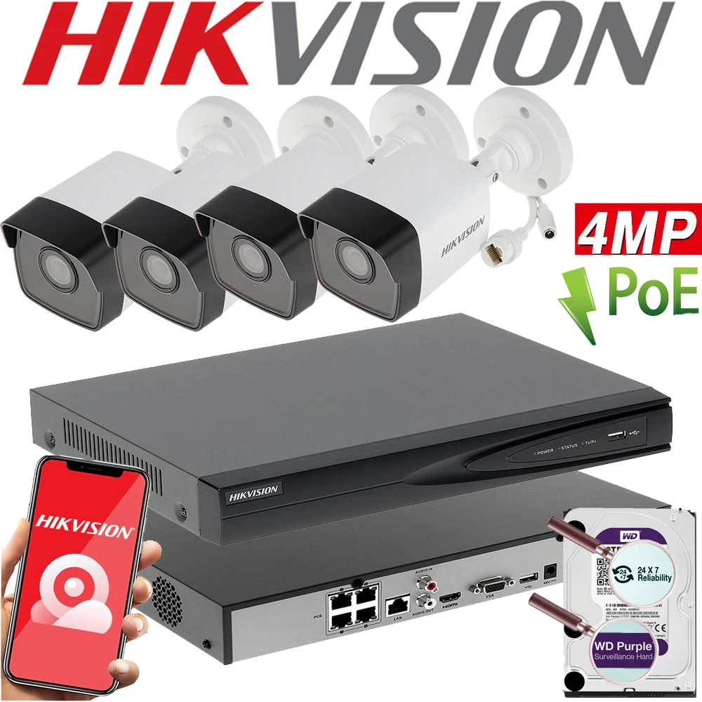 Original mutil language Hikvision DS-7604NI-Q1/4P 4MP Network Camera Set Home Camera kit Set DS-2CD1043G0-I POE Network Camera