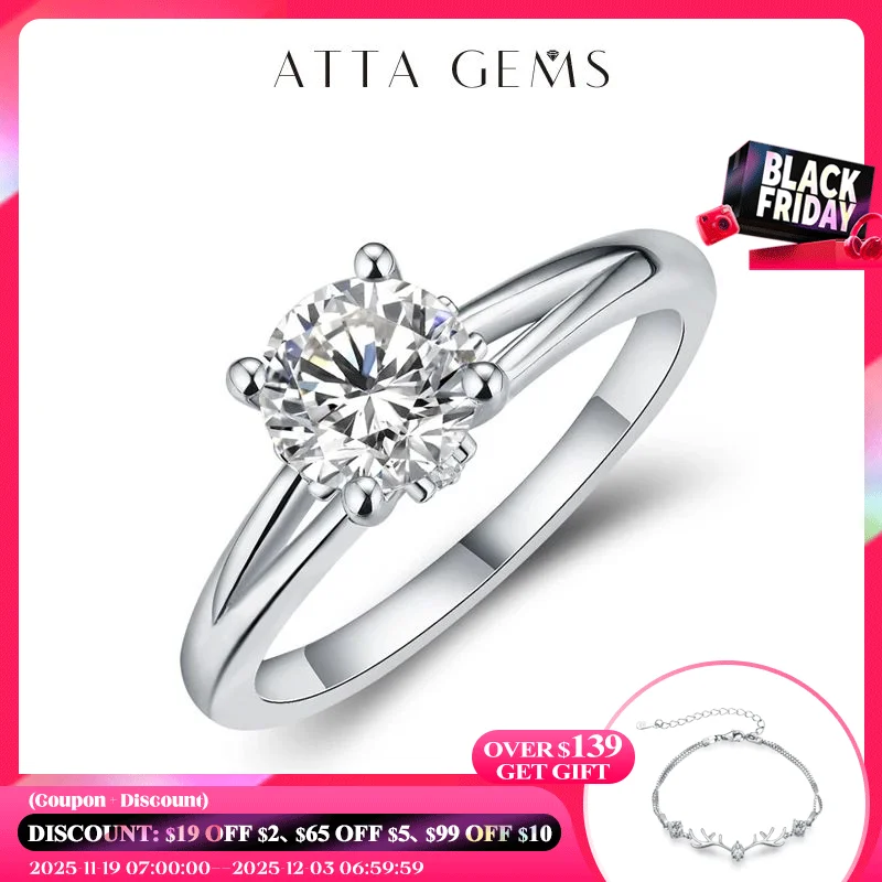 

ATTAGEMS 1 Carat D Color Moissanite Wedding Rings For Women Top Quality 18K White Gold Plated 100% 925 Sterling Silver Jewelry
