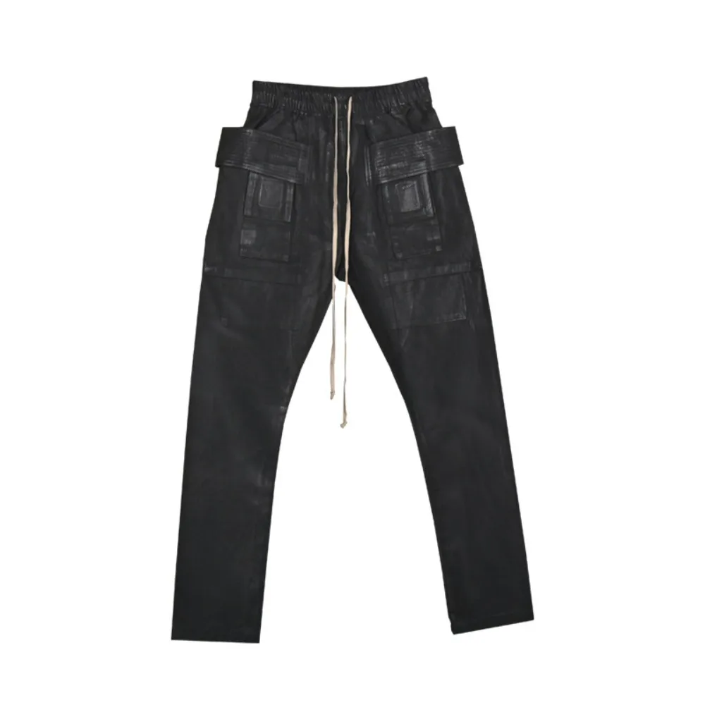 High Street RO Dark Japanese Wax Double Ring Cowboy Pants Men's High Street Coated Wax Feel Small Foot Pants