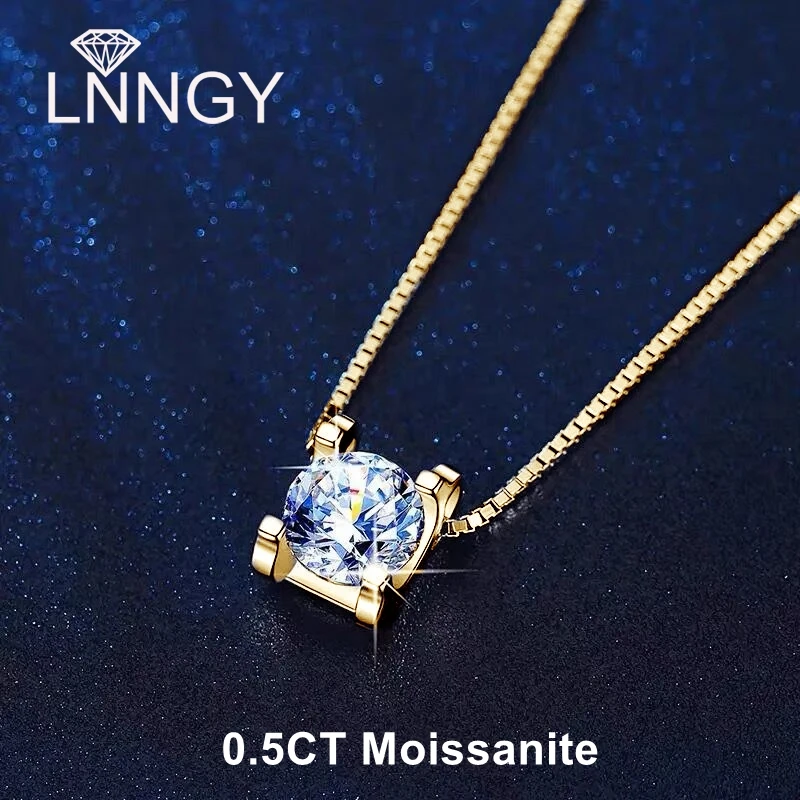 Lnngy 0.5CT Moissanite Diamond Necklace For Women Original Certified 925 Sterling Silver Box Chain Necklaces Moissanites Jewelry