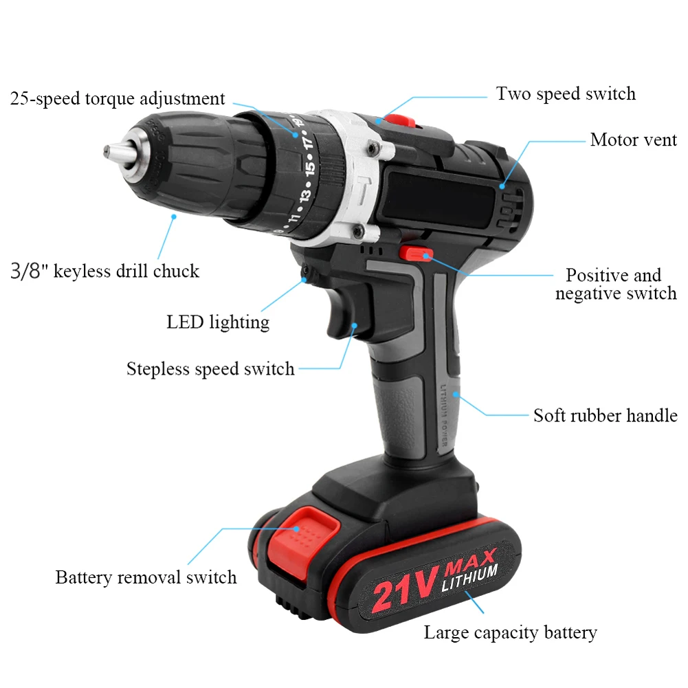 21V Impact Electric Cordless Drill High-power Battery Wireless Rechargeable Hand Drills Brush Motor Home DIY Electric Power Tool