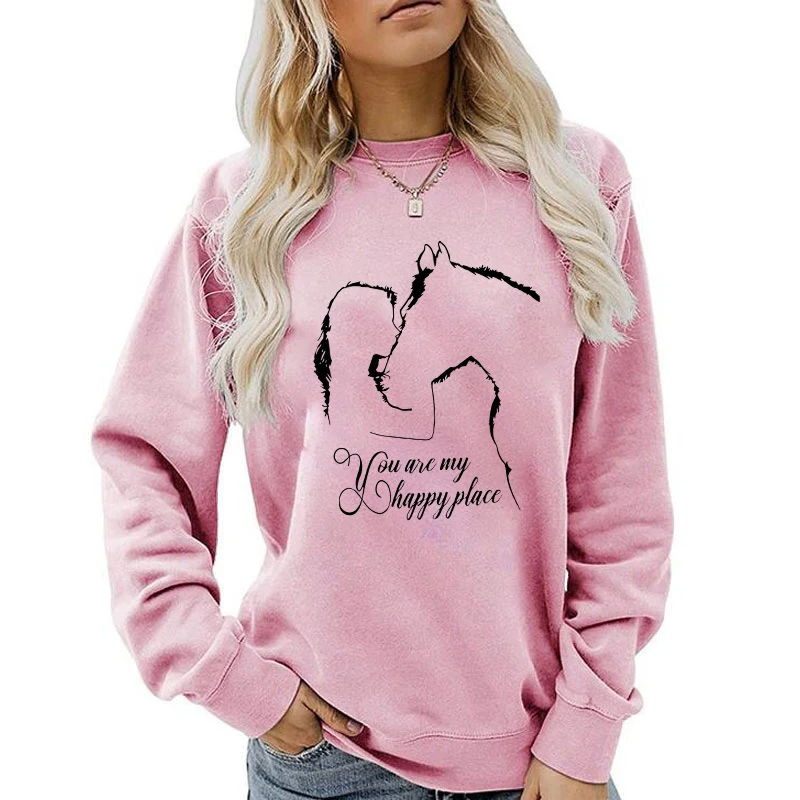 Funny Horse And Girl You Are My Happy Place Print Sweatshirt Autumn Winter Fleece Long Sleeves Pullover For Women Round Neck