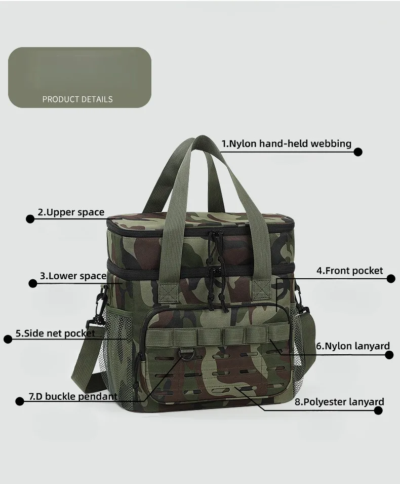 Tarnfarbene Outdoor-Picknicktasche mit doppelter Schicht, tragbare Isoliertasche, Camping-Lunchbag mit großem Fassungsvermögen, Outdoor-Kühltasche, Lunchbox – Detail 7