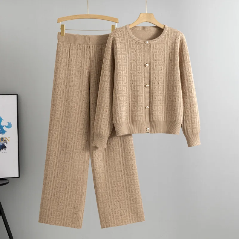 

High-End Knitted Casual Two-Piece Set Women's Faion Open Cardigan Sweater Wide Leg Pants Autumn Winter Leisure Ensemble