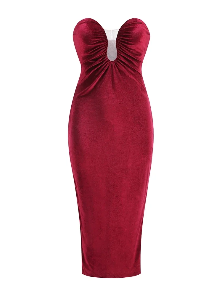 Sexy Diepe V-hals Strapless Plooien Ontwerp Midi Jurk Vrouwen Bordeaux Fluwelen Mouwloze Backless Bodycon Jurken Avondfeest Jurken