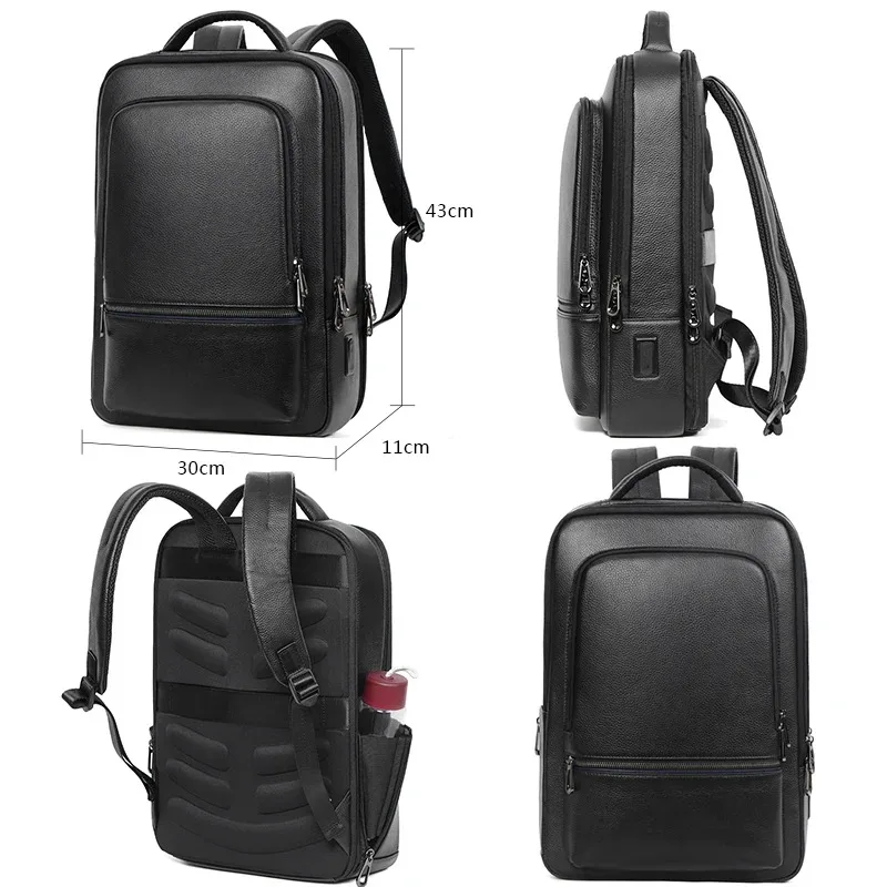 Imagem -04 - Couro Genuíno 15.6 Portátil Mochila dos Homens Usb Mochila de Viagem de Couro Genuíno Grande Shoolbag para Meninos 100