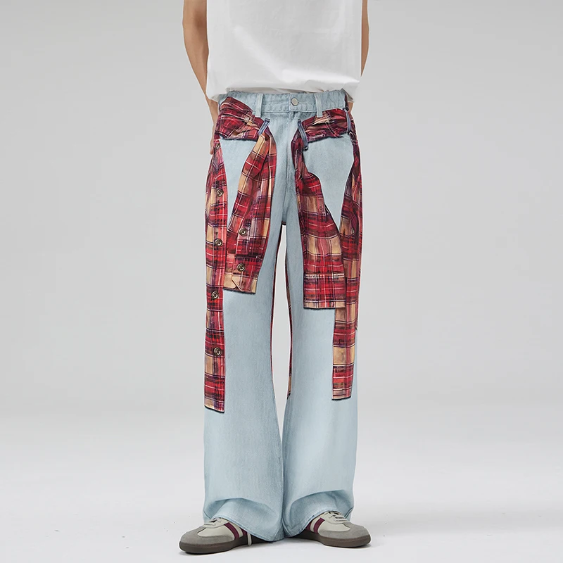 American Style Red Paid Print Fake Two Pieces Men's Jeans Loose Washed Light Blue Denim Long Pants Casual Trousers