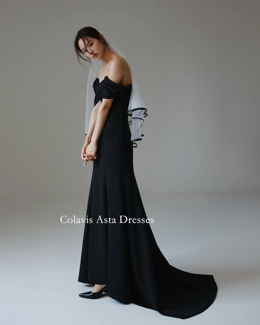 Colavis Asta Korea Off Shoulder Elegant Simple Evening Dresses 웨딩드레스  Black Crepe Satin Custom Made Mermaid Prom Gowns Plus Size