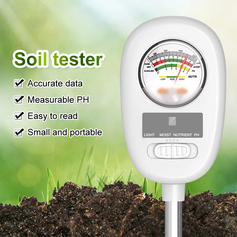 Soil PH Meter Tester Soil Tester PH Moisture Meter Temperature Sunlight Intensity Measurement Analysis Soil Acidity Test 4 in 1