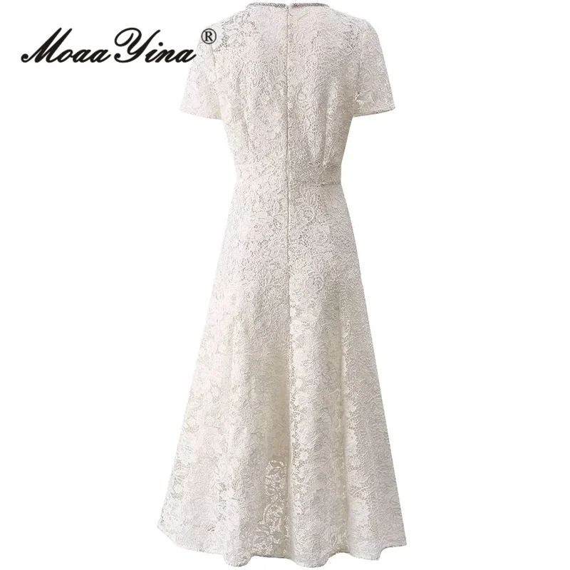 ILYBOOJUN Fashion Designer Summer Women's Dress Vintage Heavy Diamond Bow Flowers Embroidery Hollow Out Pearlsb Button Dresses