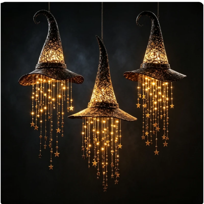 Lighted Witch Hat Hanging Chime Glowing Spooky Décor with Fairy Lights for Halloween Party Porch Garden Festival Decoration