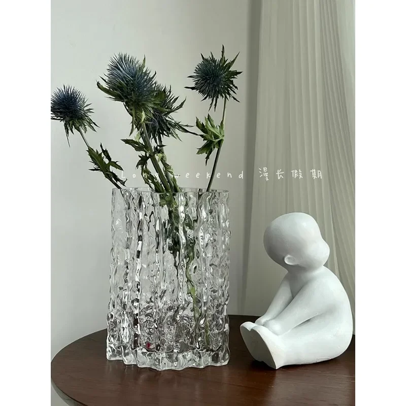 Long Holiday Inn Wind Transparent Glacier Glass Vase Large Caliber Home Living Room Study Desktop Flower Flower Set