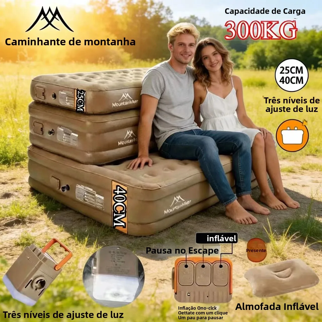 Colchão Inflável MOUNTAINHIKER para Camping, Colchão de Ar Interno em PVC para 1/3 Pessoas com Bomba Embutida