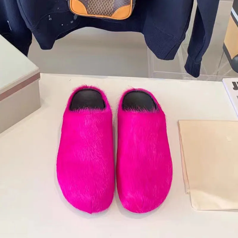 

New Platform Thick-soled Candy-colored Genuine Leather Horsehair Half-slippers for Women