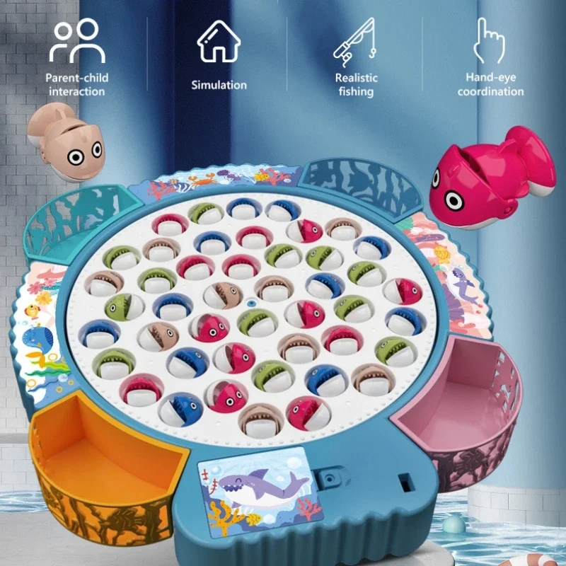 Giocattolo magnetico per disco da pesca con rotazione musicale, cognizione della vita marina, numero di colore, giocattolo educativo per bambini, divertente gioco di pesca elettrico