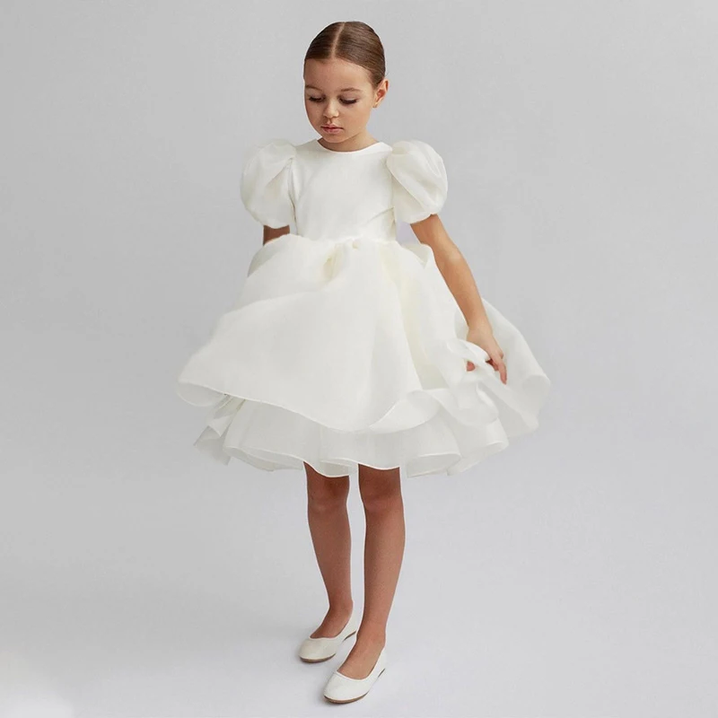 Flower Girls White Dresses for Wedding Backless Elegant Kids Birthday Party Gala Dress Puff Sleeve Children Communion Costume