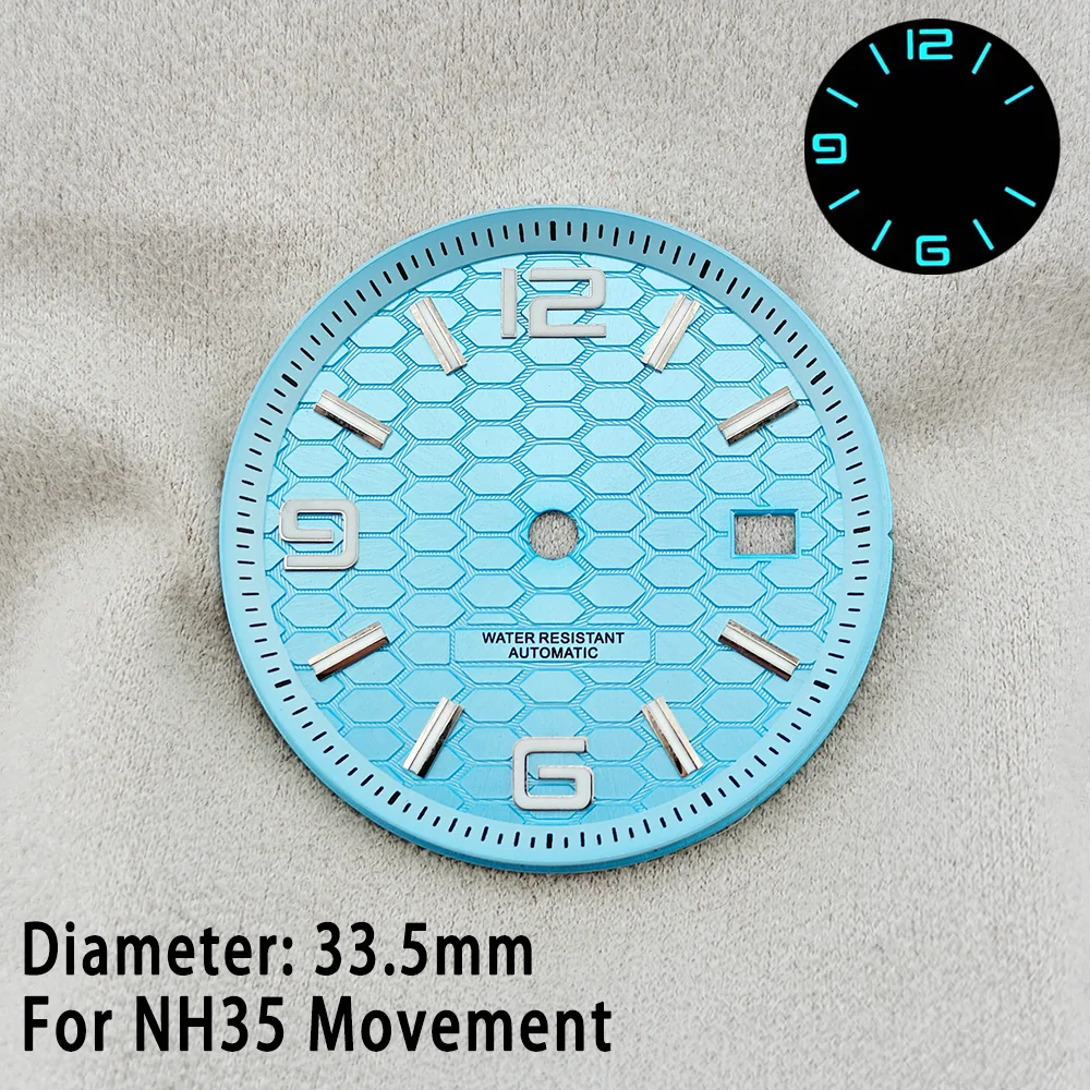  For NH35 Dial 33.5MM BGW9 Bule Luminous High Quality Men's Watches Dial Tiffany Blue Black Silver Dial Calendar Window