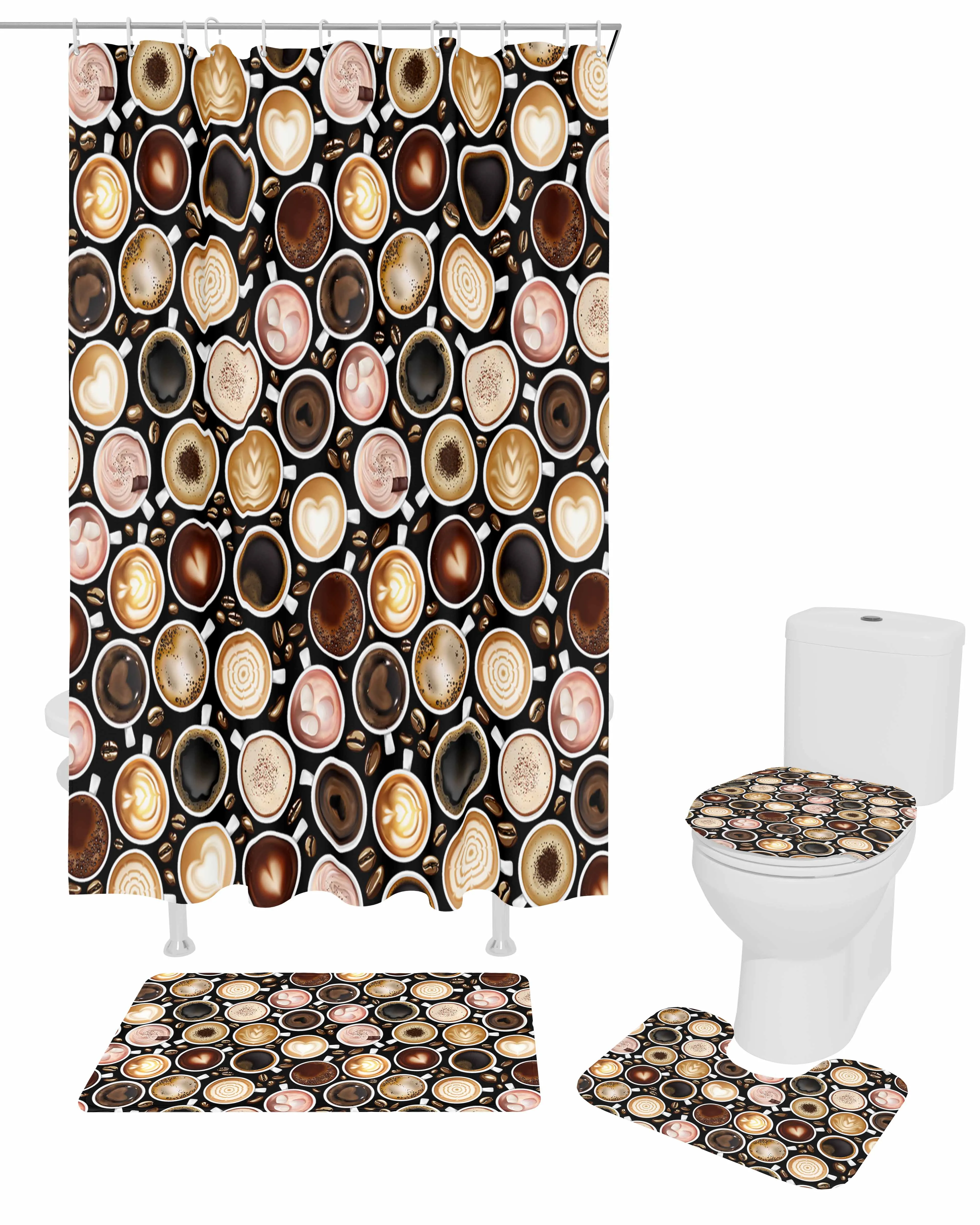 Retro Coffee Coffee Beans Cup Shower Curtain Non-Slip Rugs Toilet Lid Cover and Bath Mat Bathroom Curtains with Hooks