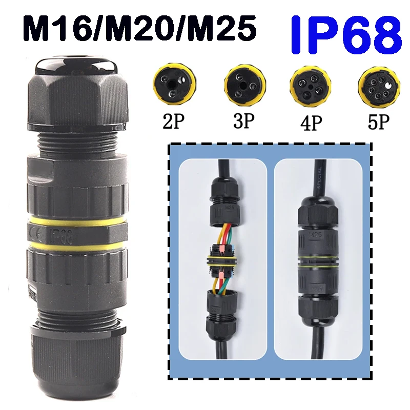 IP68 Outdoor Waterproof Junction Box Electrical Cable Connector, Easy to Install,M16 M20 M25 for Ø3.5-14mm Wire Range 2 Way