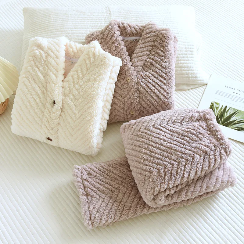 

V-neck Women's pajamas autumn winter coral fleece Sleepwear round neck solid color flannel new model fleece-lined homewear