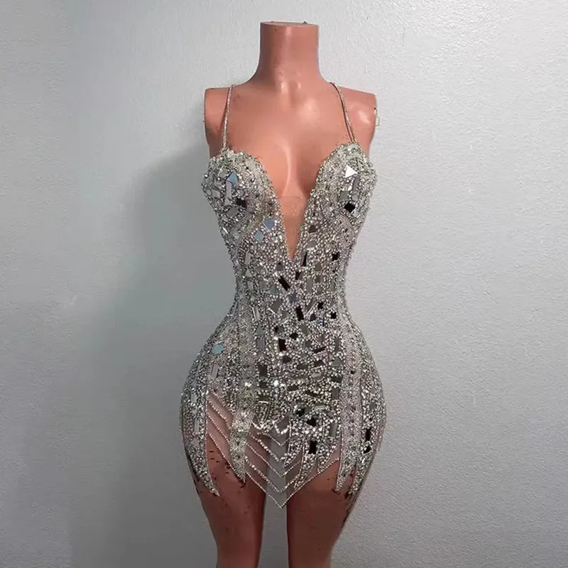 Sexy Short Dress Women Singer Silver Mirror Rhinestones Tight Bar Nightclub Stage Wear Club Party Birthday Cocktail Show Costume