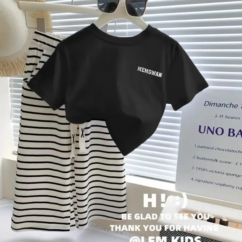 

Summer Girls Clothing Set Comfortable Letter T-shirt+Stripe Loose Fitting Pants 2Pcs Suit For Kids Children Outfit