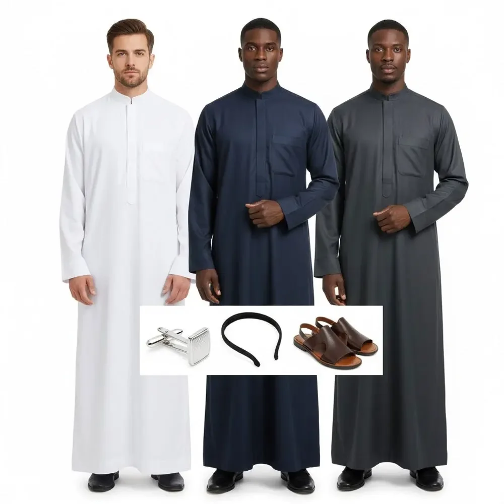 رداء إسلامي للرجال، صورة ظلية فضفاضة بياقة واقفة ورقبة دائرية، ملابس تقليدية عربية كلاسيكية في الشرق الأوسط للارتداء اليومي