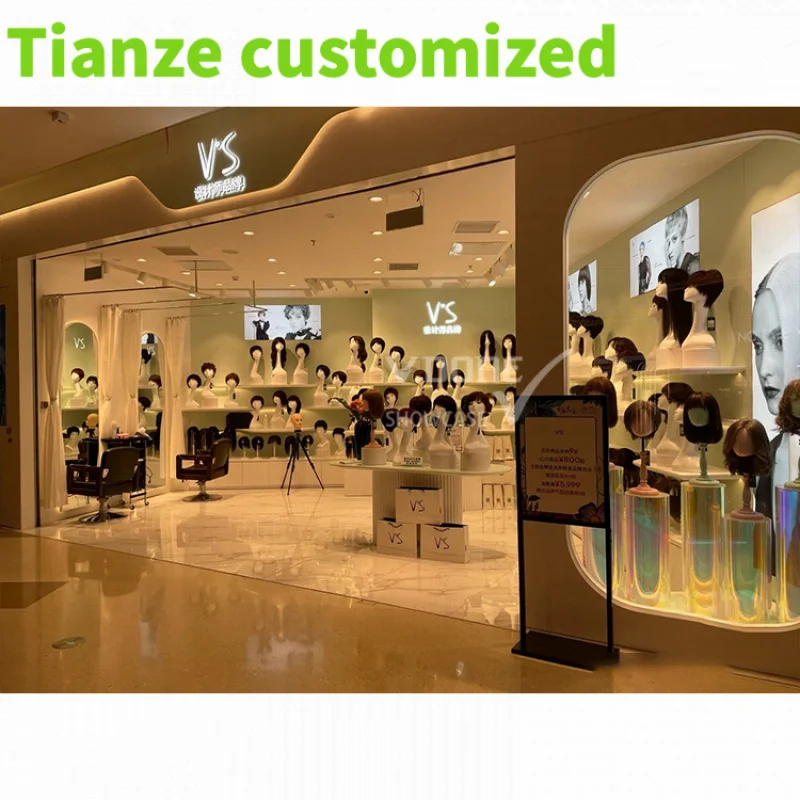 Customized-Human Hair Shop Fittings Wig Display Rack Shelves Beauty Cabinet Shelf Wig Store Wood Glass Display Showcase Furnitur