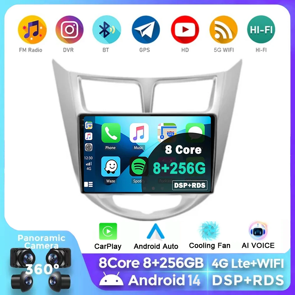 

For Hyundai Solaris 1 2010-2016 9" Android 14 2K QLED Stereo Car Radio Multimedia Video Player GPS WIFI 4G CarPlay Head Unit BT