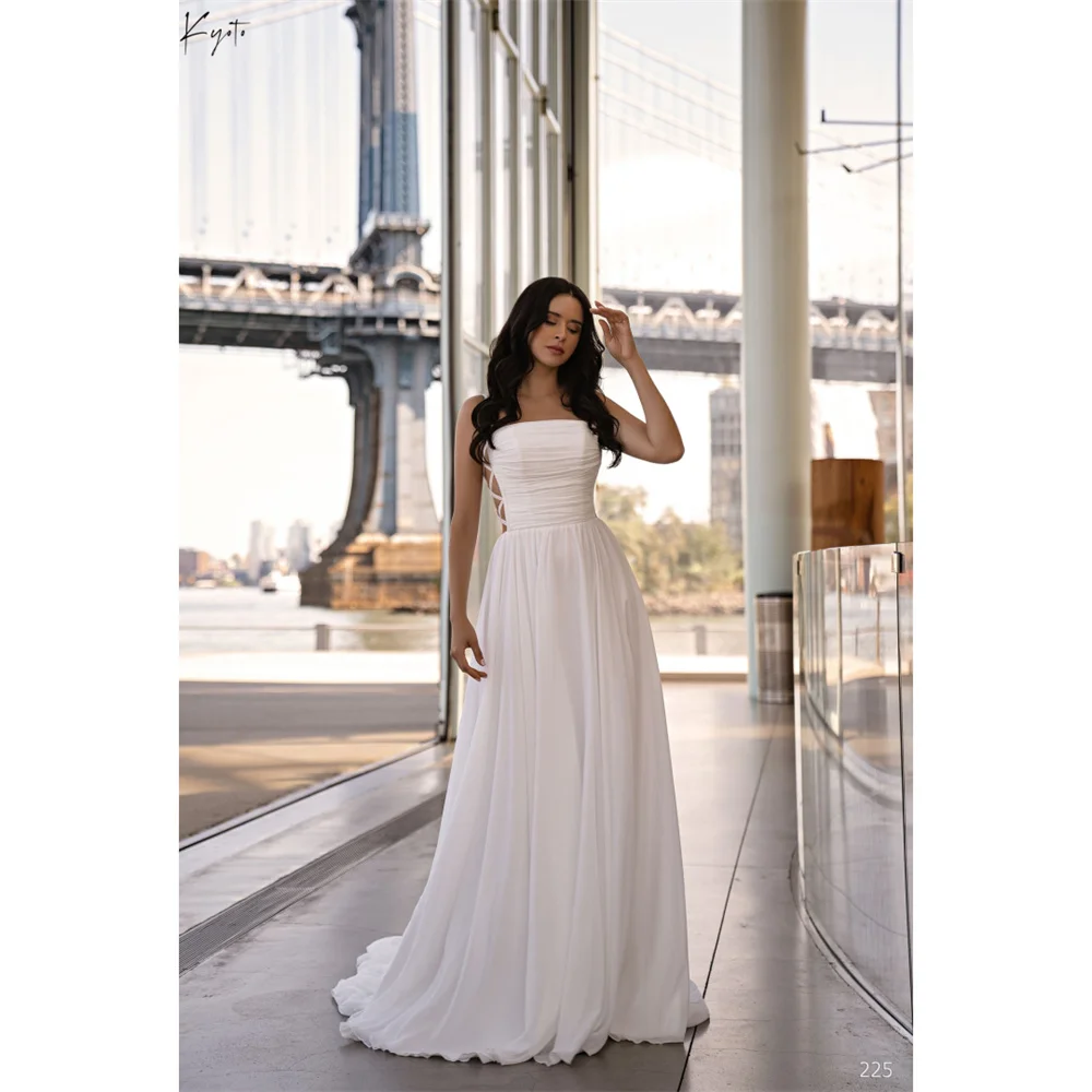 كيوتو مخصص الأبيض التجاعيد الخصر الجانب قطع التدريجي فستان الزفاف السباغيتي الأشرطة ألف خط vestidos de noche فرشاة قطار رسمي
