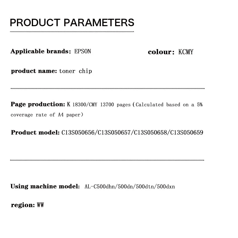 ซี13เอส 050659   ซี13เอส 050658   ซี13เอส 050657   ซี13เอส 050656   ชิปหมึก 18.3K 13.7K สําหรับ EPSON WorkForce AL-C500dhn/500dn/500dtn/500dxn