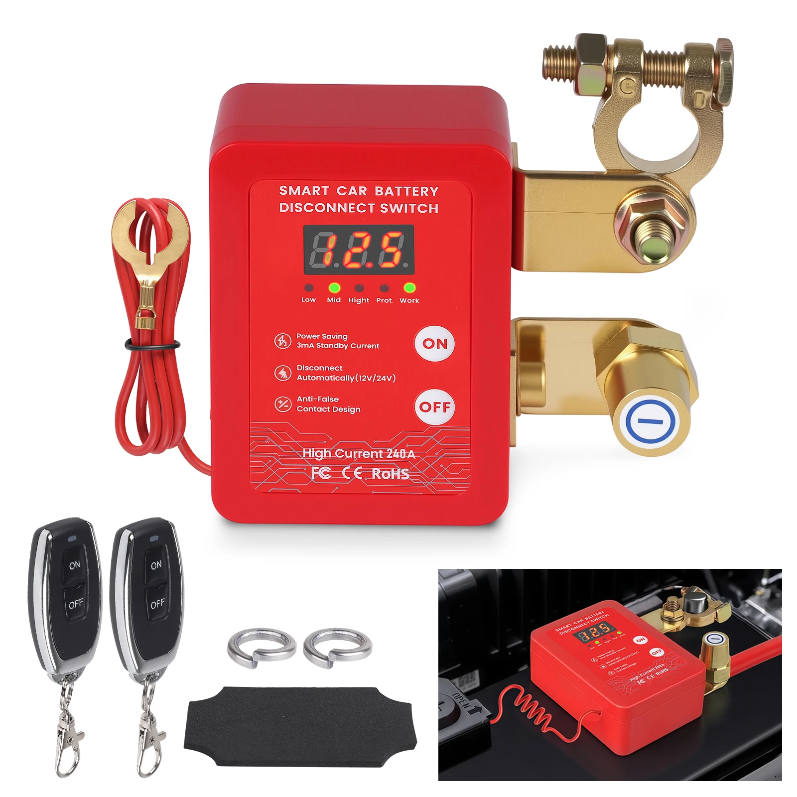 

240A Car Remote Battery Disconnect Switch Upgrade Smart Voltage 12V With LED Screen Kill Switch Anti-Theft For RV Truck Boat ATV