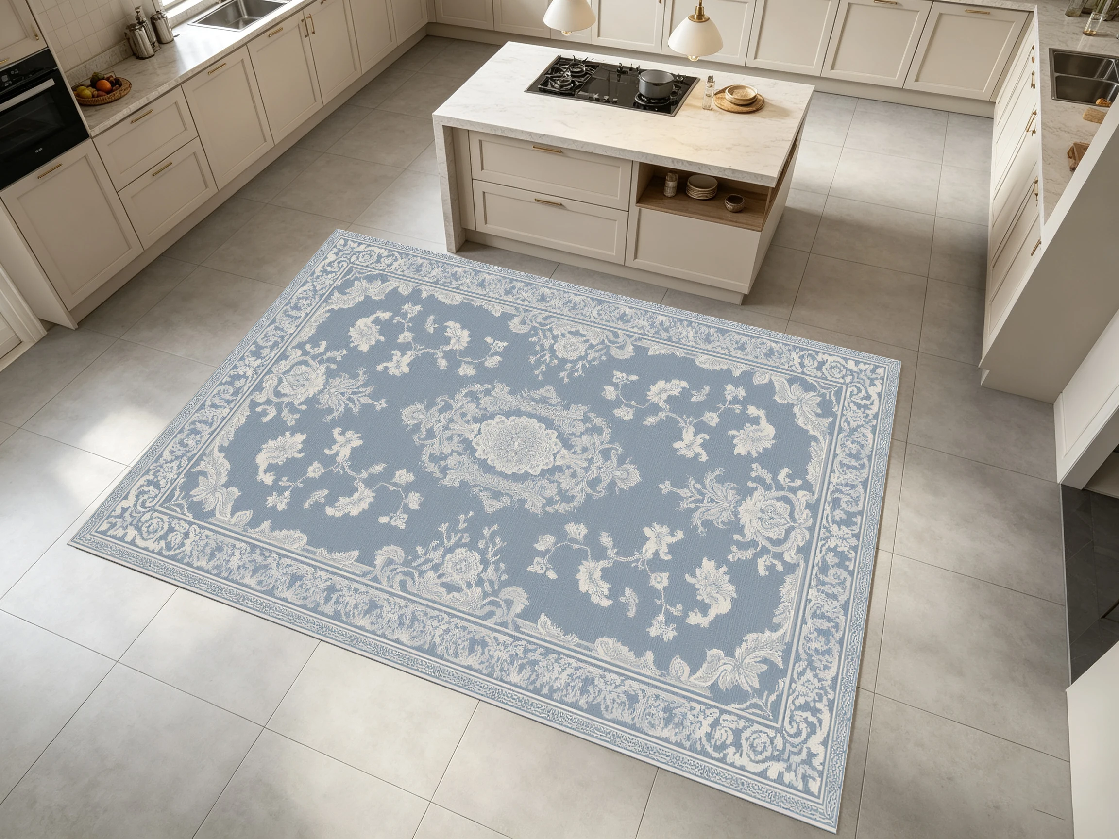 2D Large Rug, Gray-Blue European Retro Floral Design, Suitable for Living Room and Bedroom, Enhances the Space and
