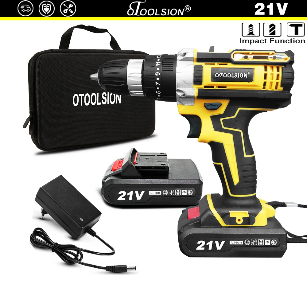 OTOOLSION 21V Battery Impact Drill Cordless Screwdriver Wireless Electric Drill Lithium Power Tools For DIY Home 1.5Mah Battery