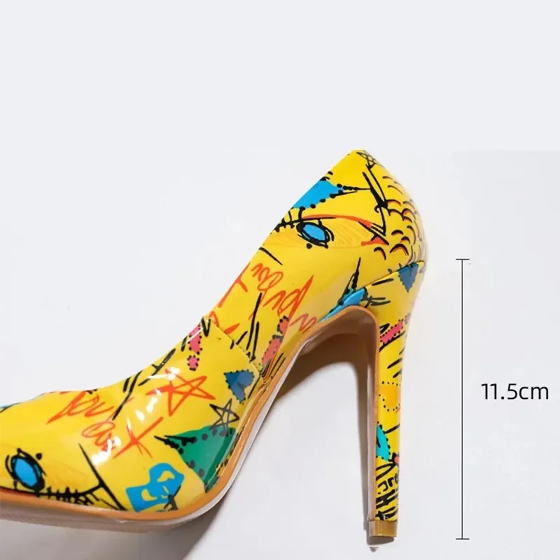 MVVJKE Women Pumps High Heels Pointed Toe Ladies Shoes Fashion Office Pu Thin Heels Painted Graffiti Female Slip On Shoes