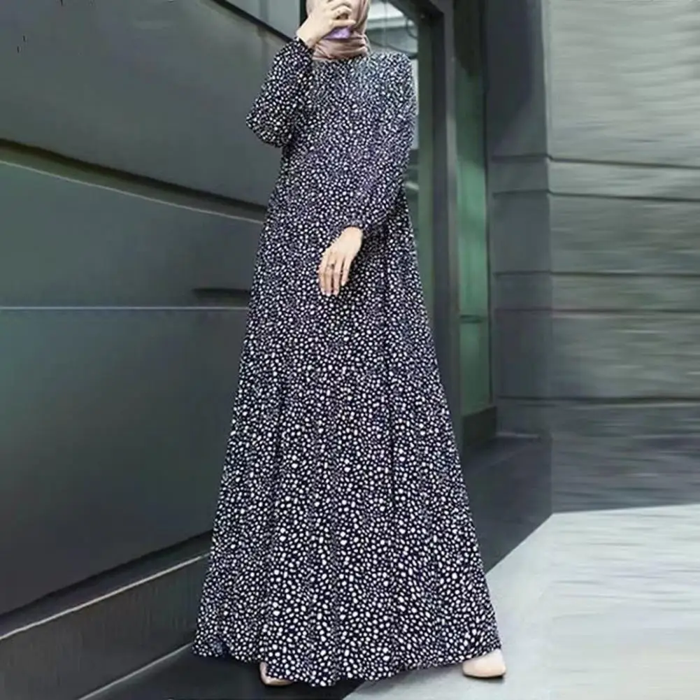 

Women Abaya Vintage Dot Print Maxi Dress with O Neck Long Sleeve for Women Loose A-line Style with Big Hem Soft Patchwork Dubai