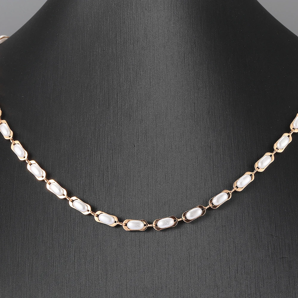 4mm White Pearl Necklace For Women Girls 585 Rose Gold Color Paperclip Link Chain Beaded Necklace Vintage Jewelry Gifts HCN55