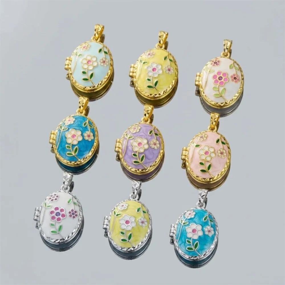 2Pcs/Lot Enamel Oil Drip Flower Oval Photo Box Pendant DIY Necklace Vintage Fashionable Simple Keepsake Jewelry Gift Women Charm