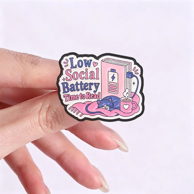 Social Battery Enamel Badges Book Cat Coffee Pink Cartoon Pins Cozy Introvert Quote Brooches Lapel Pin Set Jewelry Gifts