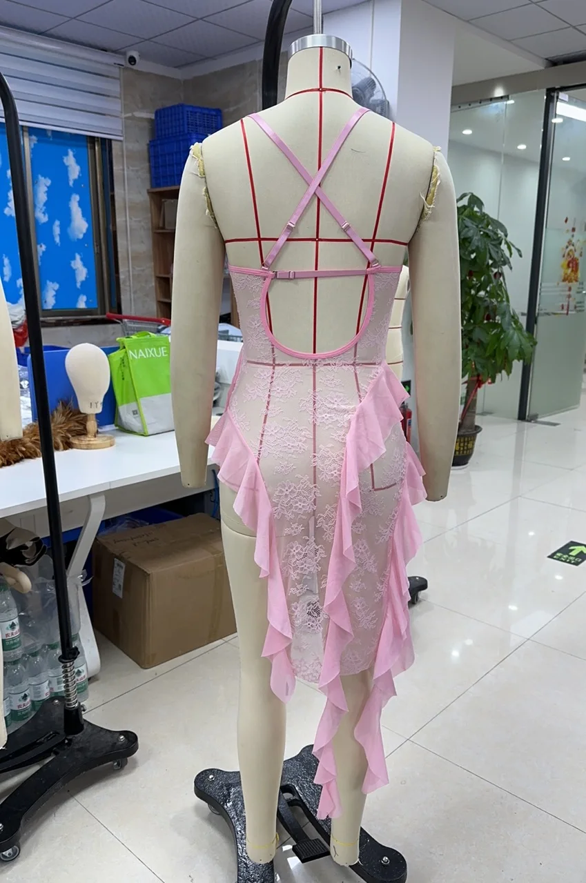 

Women Lace Nightdress, Sleeveless Backless Ruffled Irregular Sheer Dress Sleepwear Loungewear