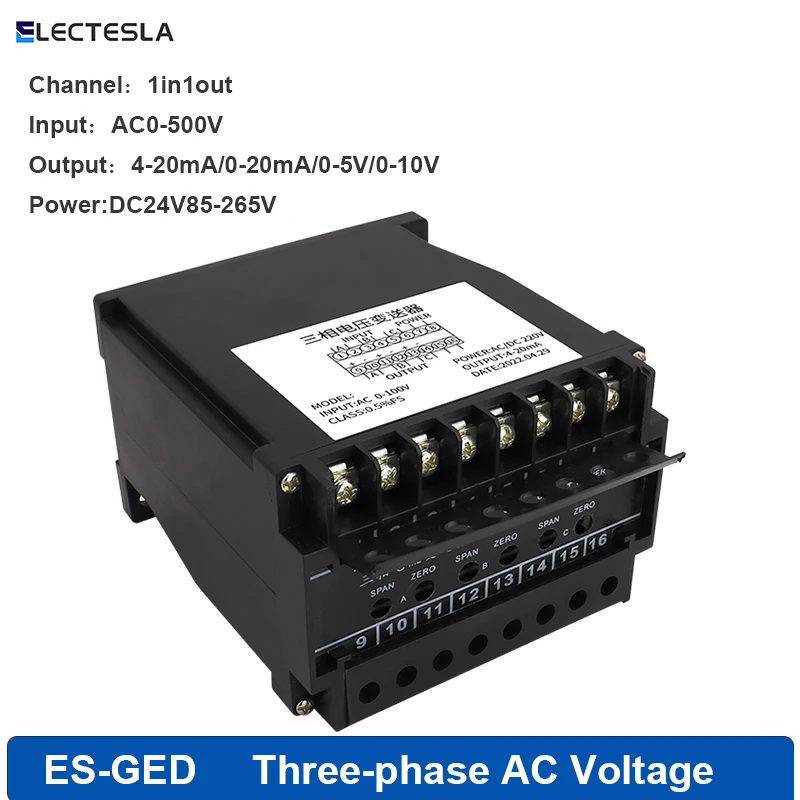 

Three Phase AC Voltage Transmitter 4-20mA 0-10V Output AC0-500V Voltage Sensor DC 24V 85-265V Transducer