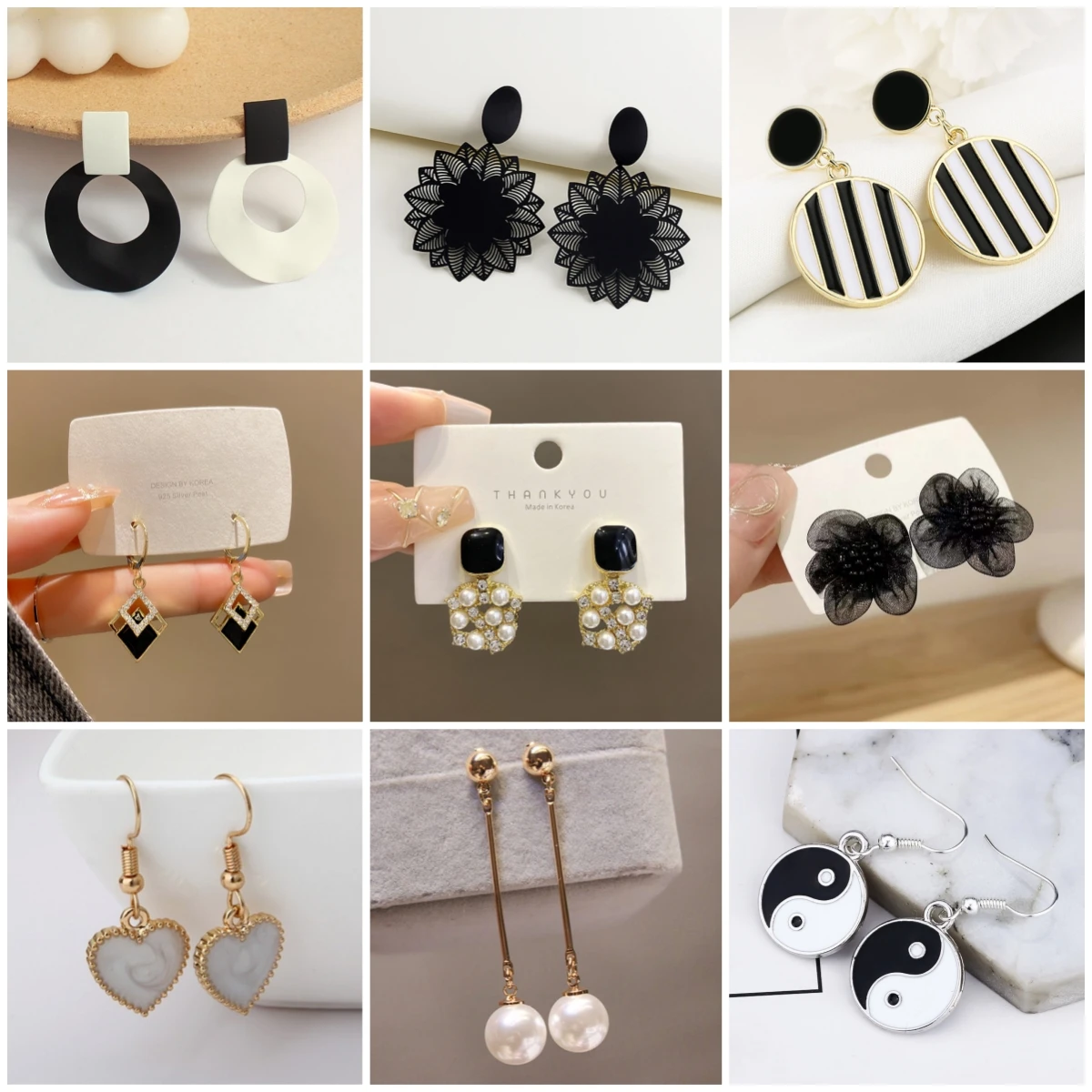 Trendy Black Statement Earrings for Women Enamel Oil Pearl Crystal Square Heart Flower Round Circle Asymmetric Geometry Gift