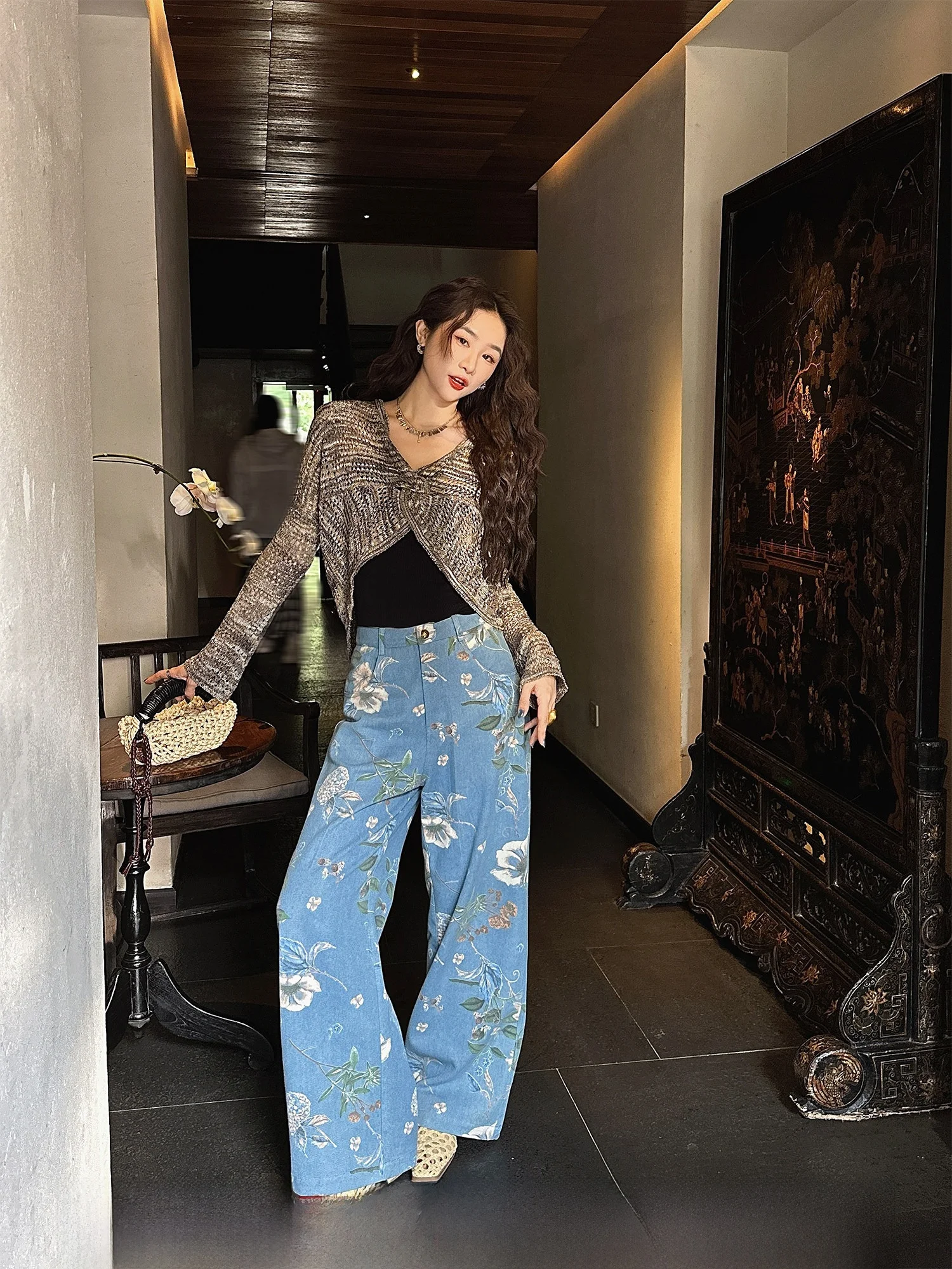 

Ретро джинсы с принтом под растительную краску, свободные, тонкие, с принтом сакуры, от Sanji Bla Flower, с высокой талией, широкие штанины, повседневные, для женщин