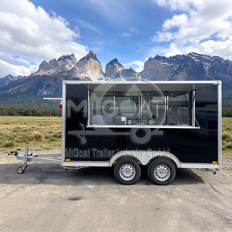 Heavy Duty Black Food Trailer with Aluminium Alloy Frame and Diamond Plate Floor for Commercial Snack and Beverage Selling