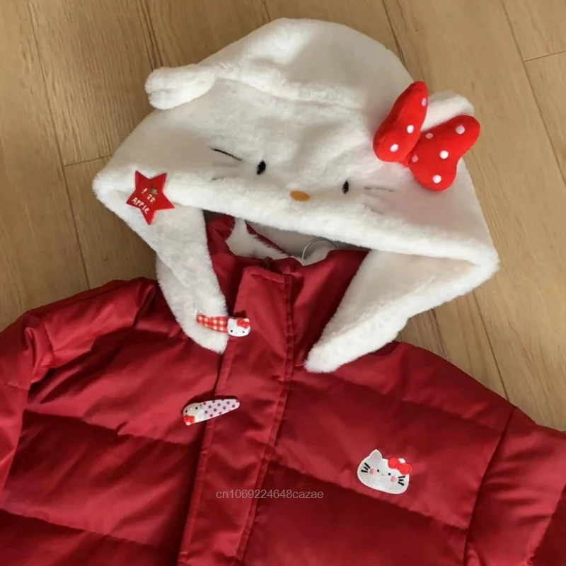 Sanrio Hello Kitty New Cute Red Coat Women Autumn Winter College Style Cotton Jacket Plush Hooded Y2k Japanese Style Zipper Tops