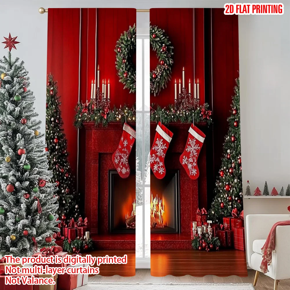 

2pcs 2D flat printing Christmas Window Curtains Fireplace View Merry Christmas Versatile 100% Polyester Without Electricity