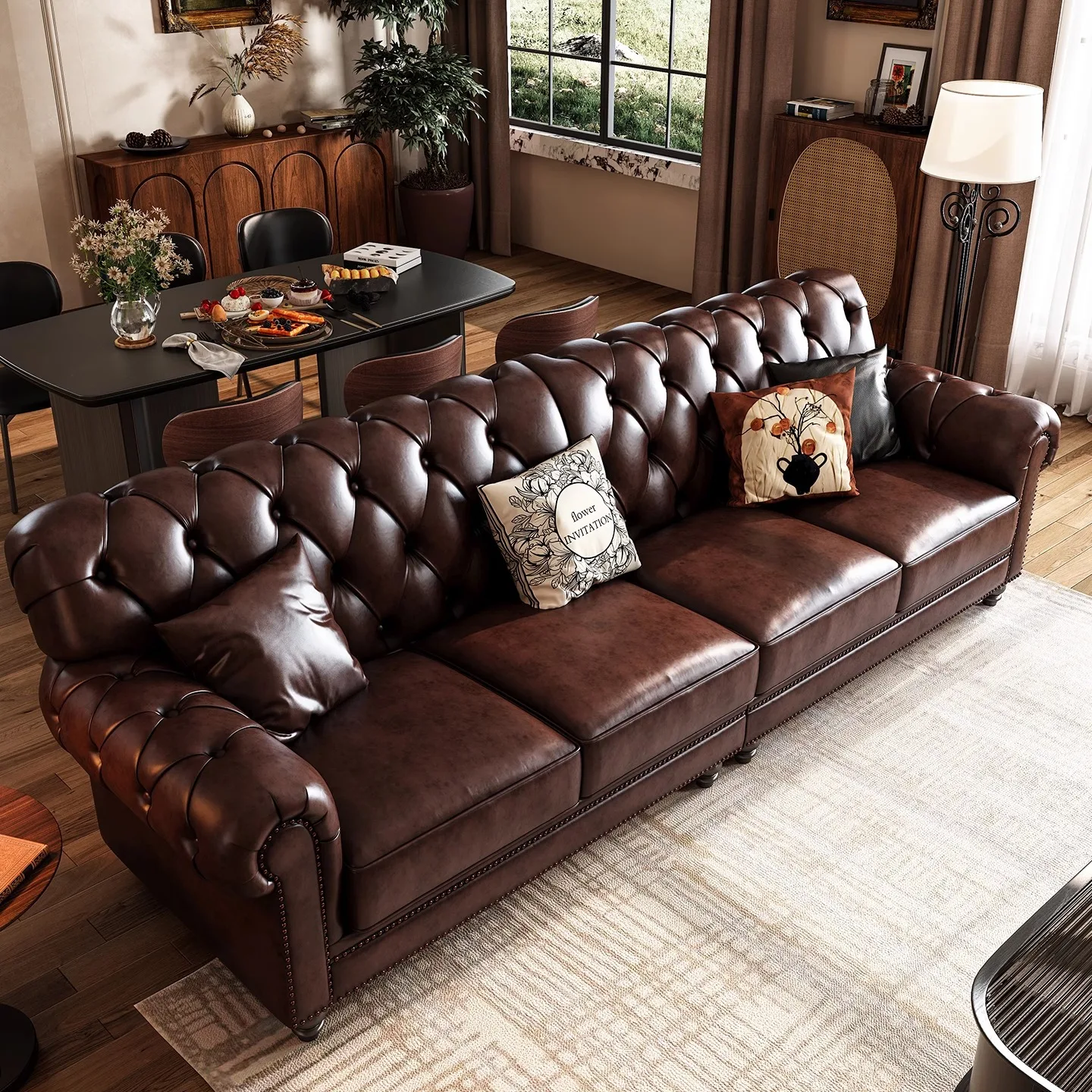 American retro leather sofa living room French antique size apartment rural oil wax leather straight row three-person sofa