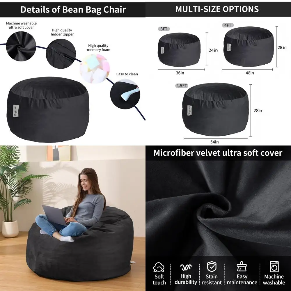 Memory Foam Bean Bag Chair - Washable Velvet Cover, Ideal for Adults and Kids, Perfect for Living Room, Bedroom, and Gaming Room
