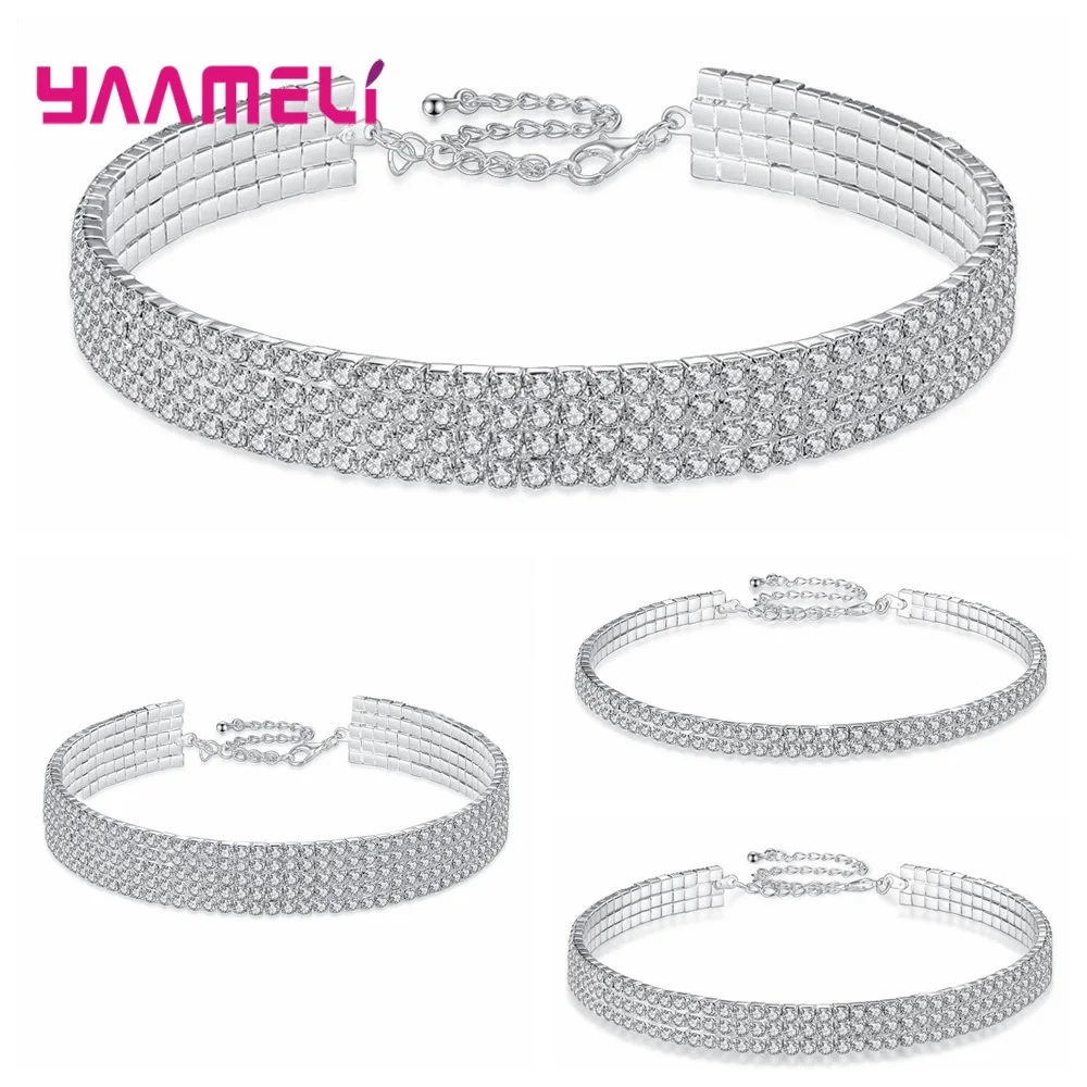 

Shining Rhinestone 4 Styles Collar Choker 925 Silver Needle Iced Out Crystal Necklace Charms Statement Luxury Neck Jewelry