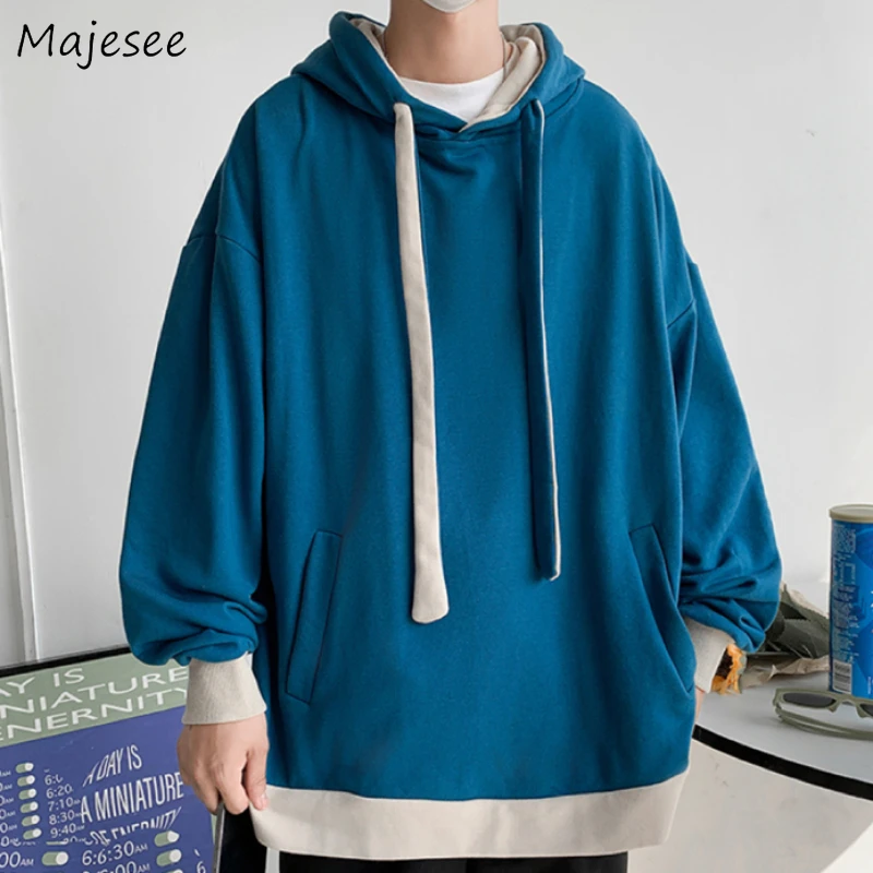 Hooded Hoodies Men Loose Fall Newly Chic Ulzzang High Street Simple Patchwork Drawstring Casual All-match Kangaroo Pocket Trendy